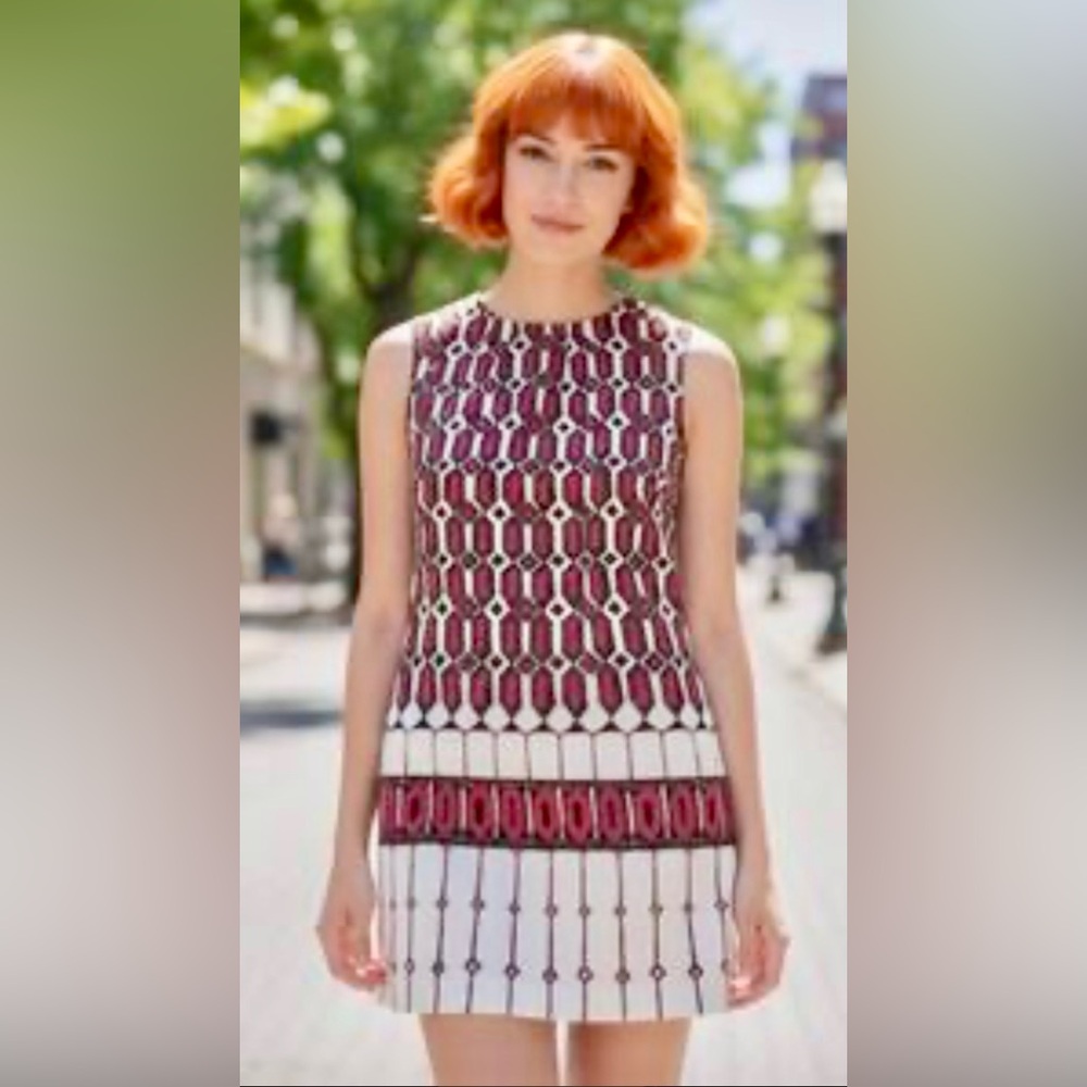 Talbots Red, Brow and Black African Print Mid Century Vibe Sleeveless Mini Dress